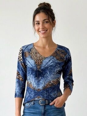 Valentina Y2K Denim Leopard Print Top Small Rhinestone Embellished 3/4 Sleeve